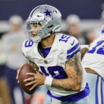 Dallas Cowboys quarterback Trey Lance (19) looks downfield for an open receiver ahead of the Cowboys vs Texans live stream