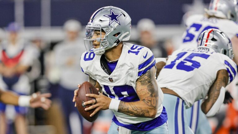 Dallas Cowboys quarterback Trey Lance (19) looks downfield for an open receiver ahead of the Cowboys vs Texans live stream