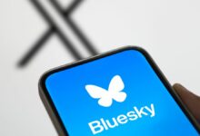 Bluesky logo with X logo in the background