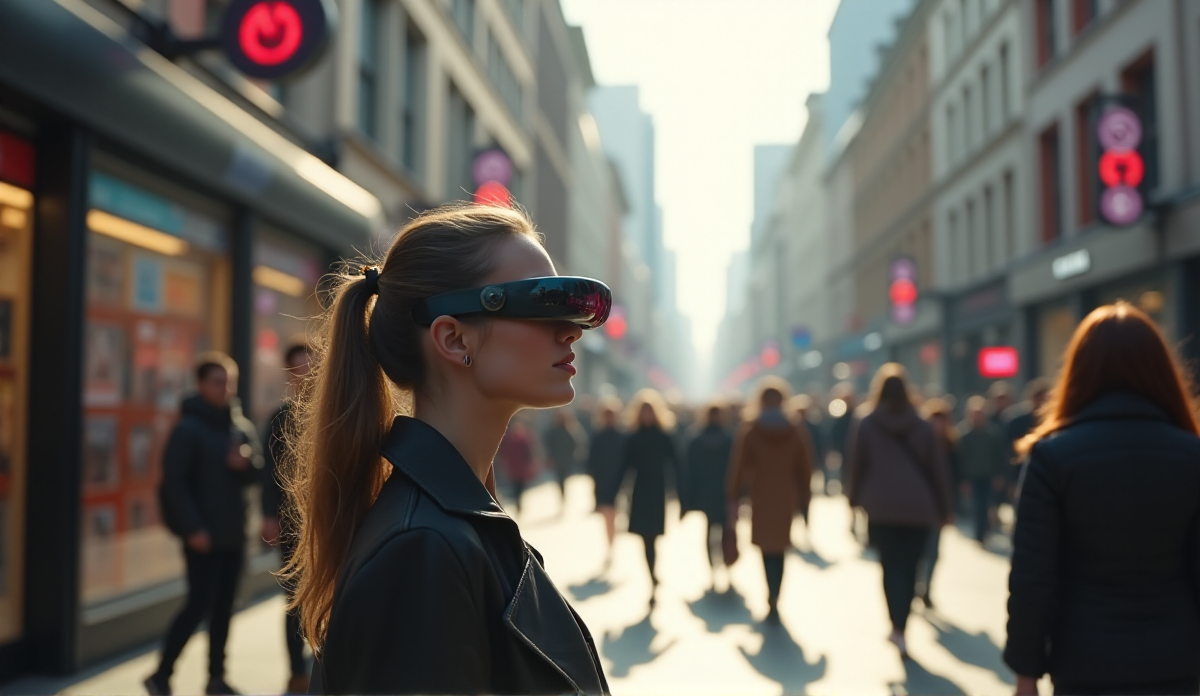 AI image showing a woman with futuristic smart glasses