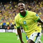 Vinicius Junior celebrates after scoring his team's first goal during the Conmebol 2024 Copa America match between Paraguay and Brazil ahead of the Venezuela vs Brazil 2026 World Cup qualifier