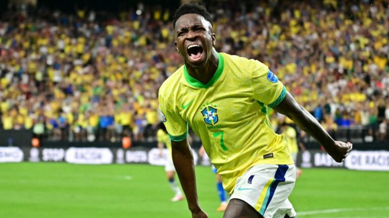 Vinicius Junior celebrates after scoring his team's first goal during the Conmebol 2024 Copa America match between Paraguay and Brazil ahead of the Venezuela vs Brazil 2026 World Cup qualifier