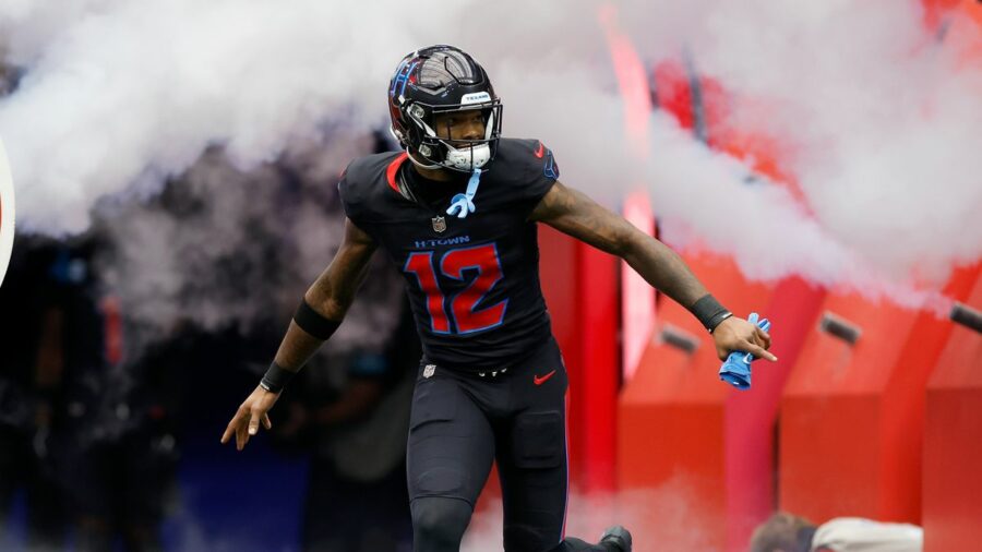 Nico Collins #12 of the Houston Texans takes the field during the game against the Buffalo Bills at NRG Stadium on October 06, 2024 in Houston, Texas