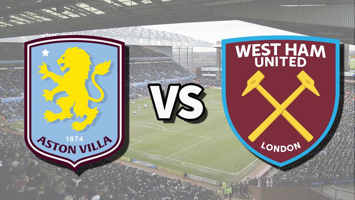 استون ویلا-غربی جریان مستقیم: نحوه تماشای مسابقه لیگ برتر به صورت آنلاین The Aston Villa and West Ham United club badges on top of a photo of Villa Park stadium in Birmingham, England