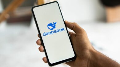 The DeepSeek AI logo is seen on a smartphone held in the hand