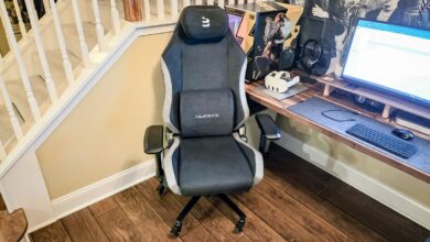 The Blacklyte Athena gaming chair in front of a desk