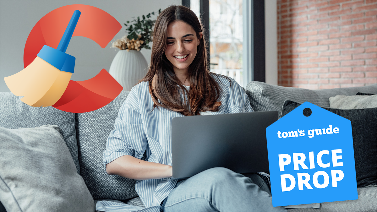 سرعت و کارآیی دستگاه خود را با Ccleaner افزایش دهید - اکنون تا 50 ٪ تخفیف CCleaner logo and Tom's Guide Price drop marker over an image of a smiling woman using a laptop on a couch