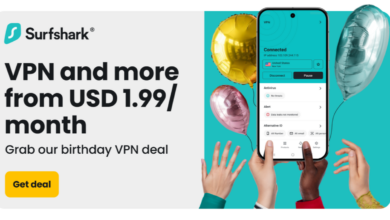 A promotional image from Surfshark that reads: &quot;VPN and more from USD 1.99/month. Grab our birthday VPN deal&quot;.