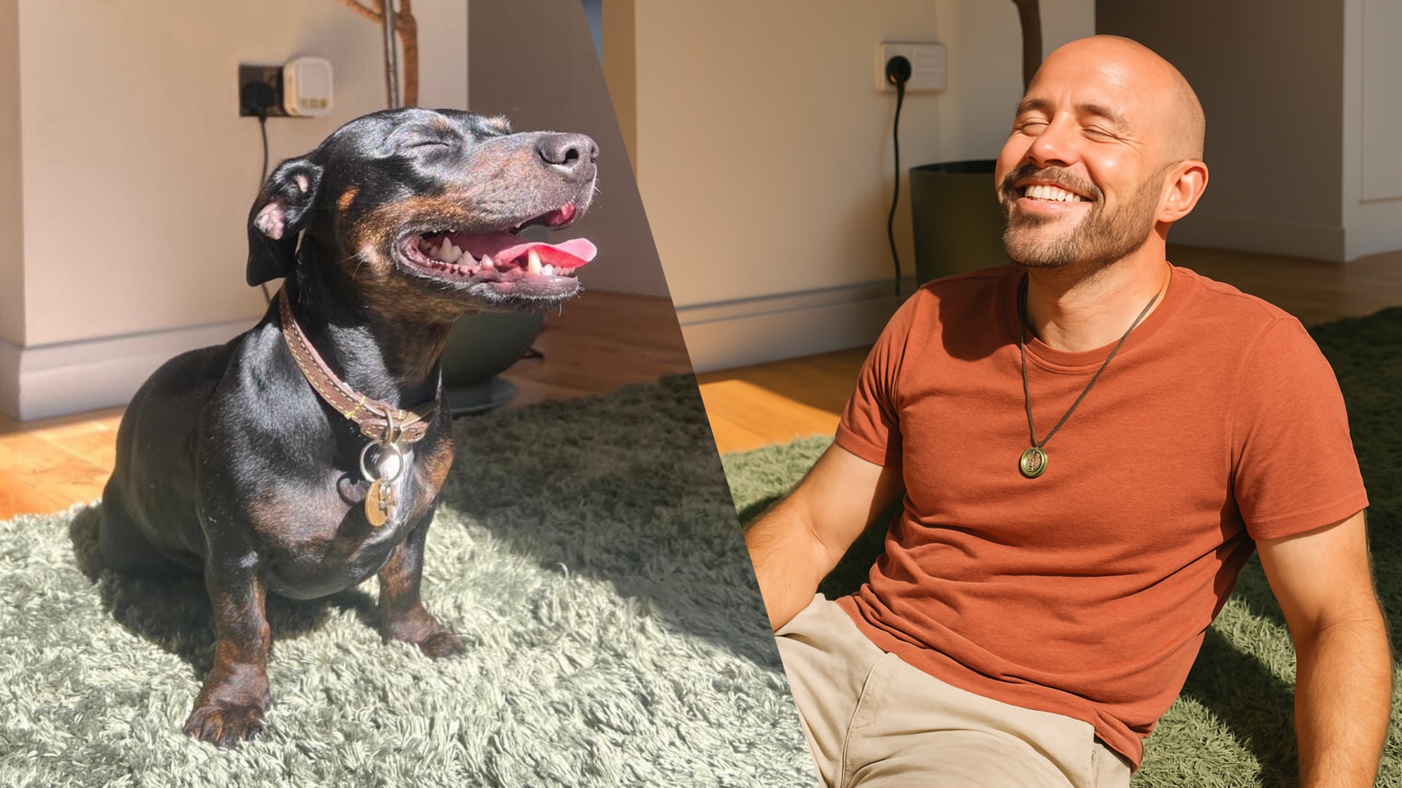 A dog next to an AI generated image of a person representing that dog